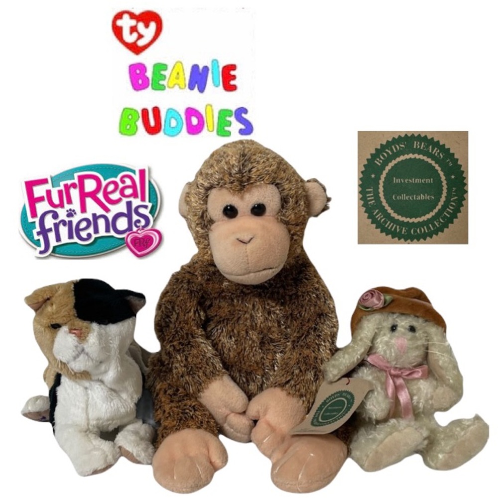 Plush Toy Bundle Boyd’s Bunny Ty Beanie Buddy Fur Real Kitty Cat Vintage Toy Lot